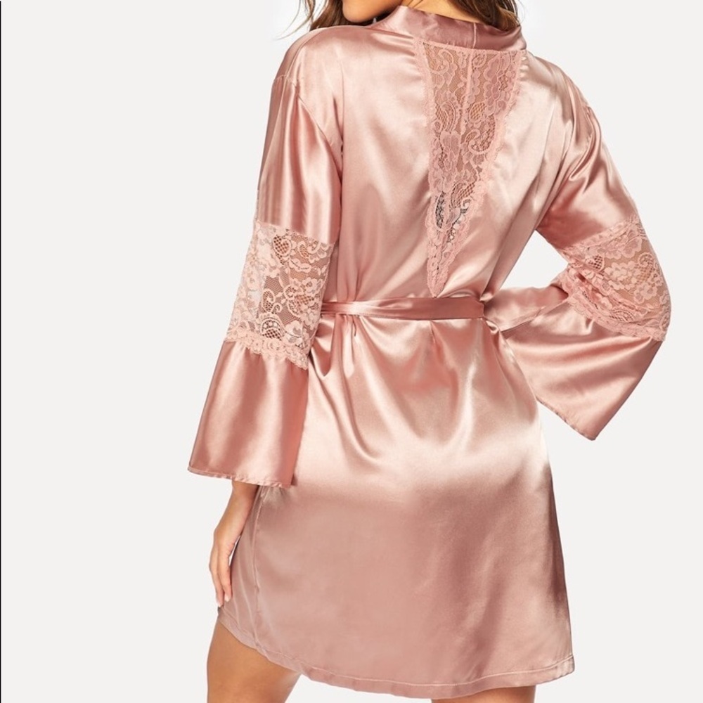 New Dusty Pink Satin Silk-Like Lace Kimono Robe​ - Picture 2 of 6